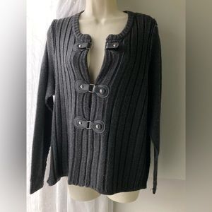 TAHARI Merino Wool Blend Knit Cardigan Sweater Womens 1X Buckle Snap Ribbed Gray